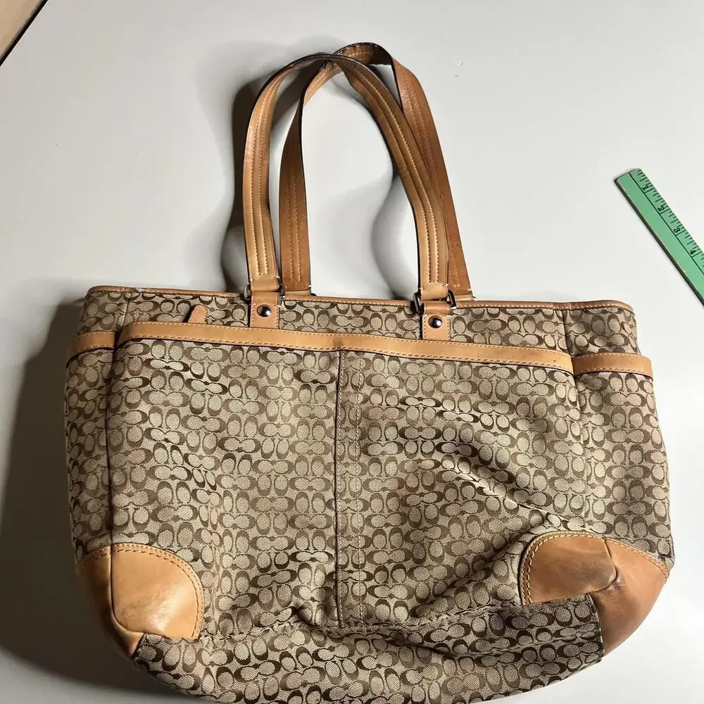 Coach Tote Bag Womens Large‎ Brown Signature Jacquard Leather Shoulder Stripe